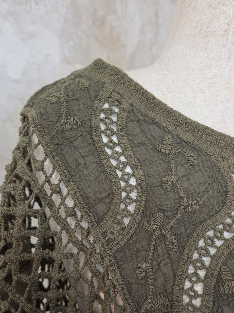 Ultra Pink Olive Green Embroidered Crochet Top | Boho Lace Cutwork Blouse - Picture 5 of 7